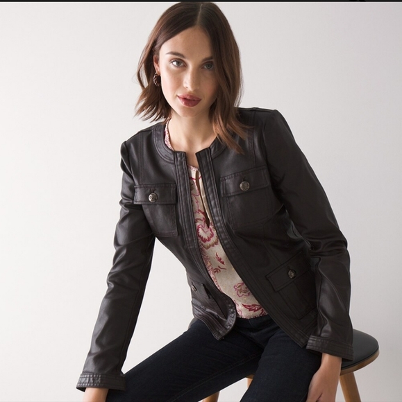 White House Black Market Fitted Coated Utility Jacket. Very dark reddish-brown. - Picture 3 of 12